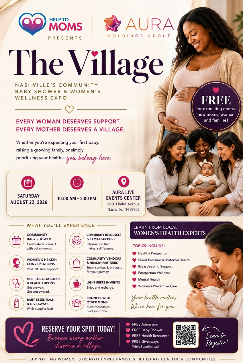 The Village event flyer — community baby shower and women's wellness expo in Nashville, August 22, 2026
